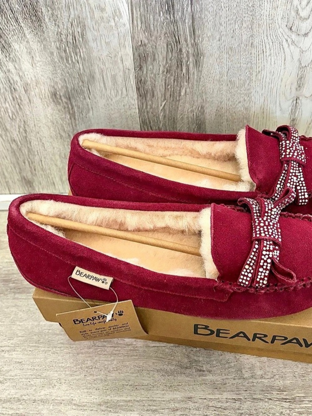 Bearpaw Cynthia Suede Sheepskin Moccasin Slippers Womens 10 Wide  New Burgundy